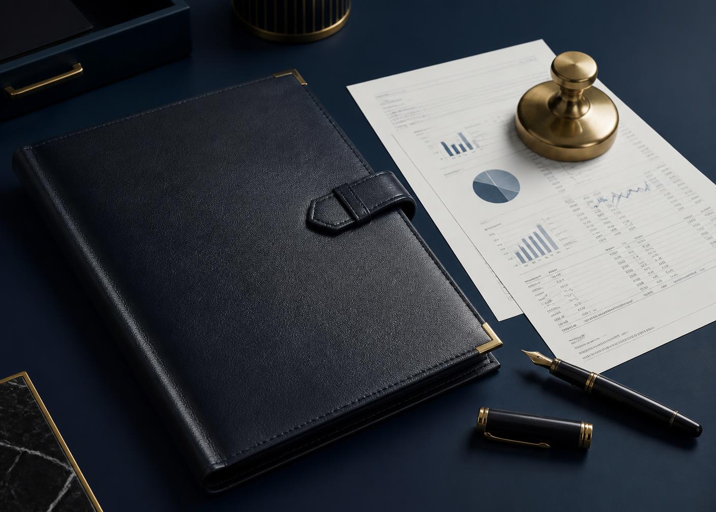 Leather portfolio, research pages and fountain pen on a navy desk